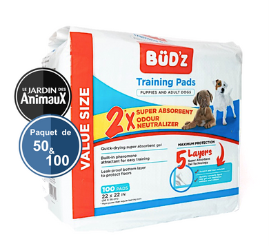 Serviettes d’entraînement Bud'z pour chien, paquet de 100 - Boutique Le Jardin Des Animaux -entrainement proprrtéBoutique Le Jardin Des AnimauxBZ03549